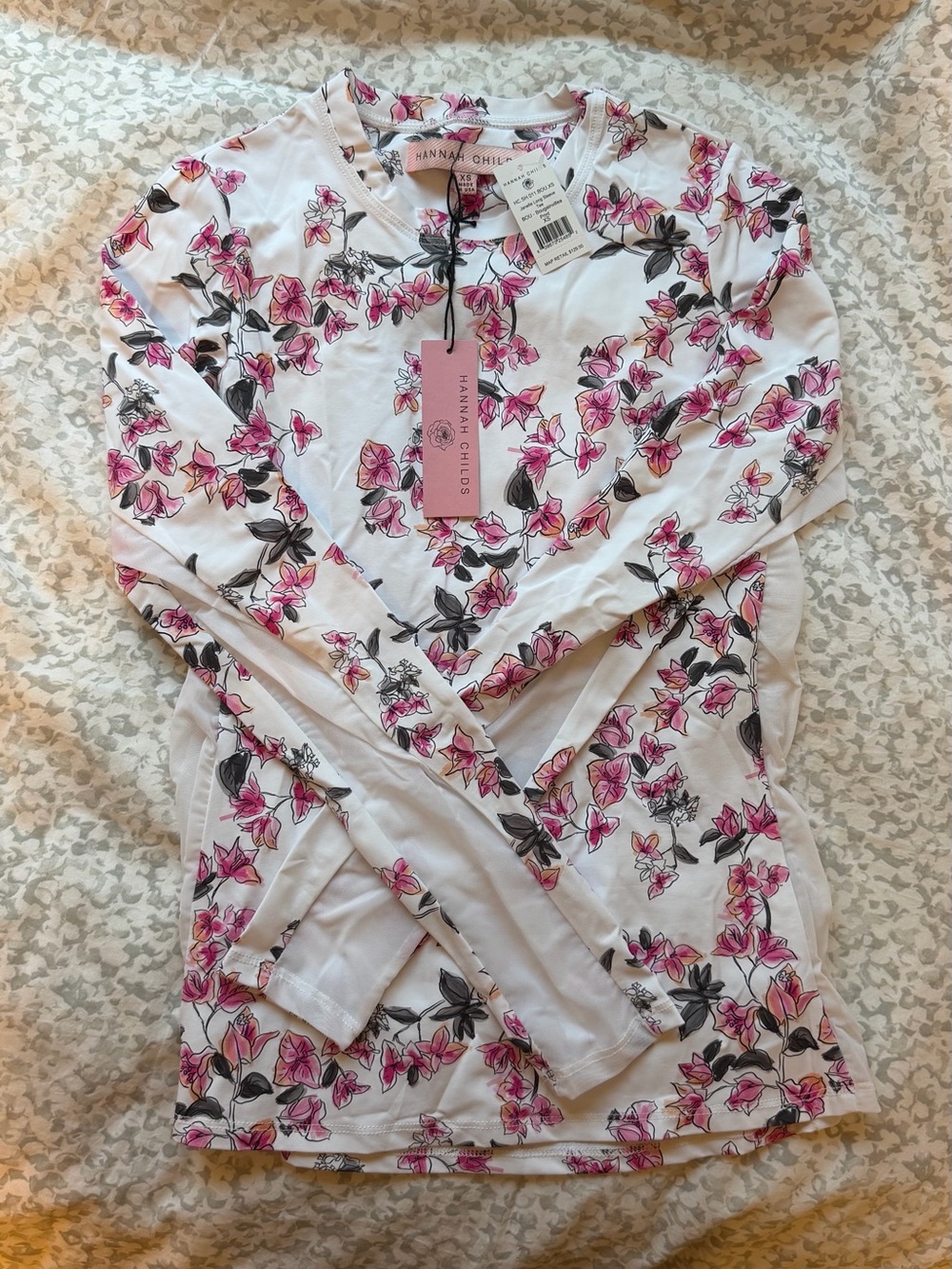 Hannah White Floral Long Sleeve Top with Pink and Black Blossoms